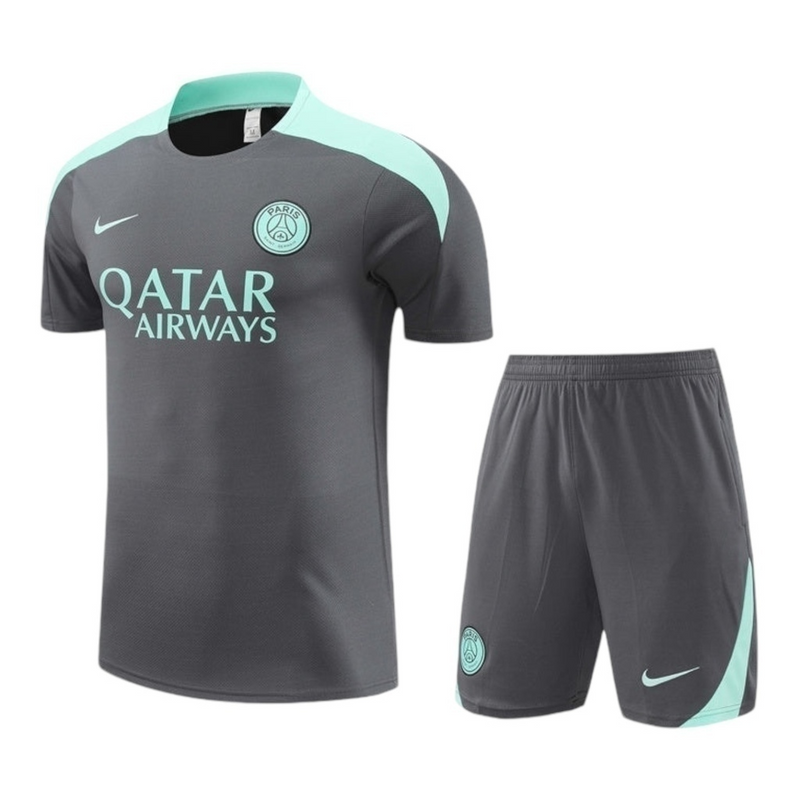 Kit Treino adulto - Camisa e Shorts - Paris Saint-Germain Nike 24/25 - Cinza com detalhes em verde