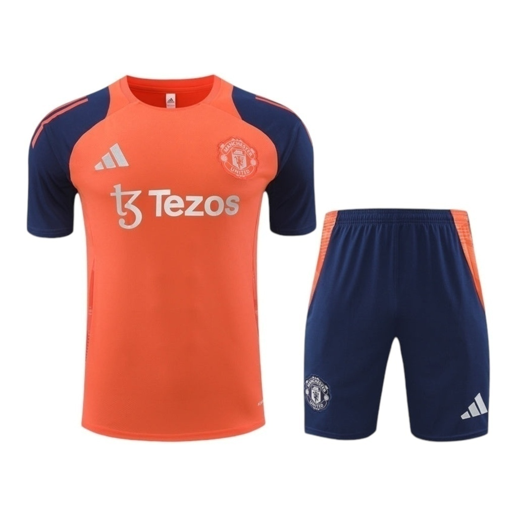 Kit Treino adulto - Camisa e Shorts - Manchester United Adidas 24/25 - Azul e laranja